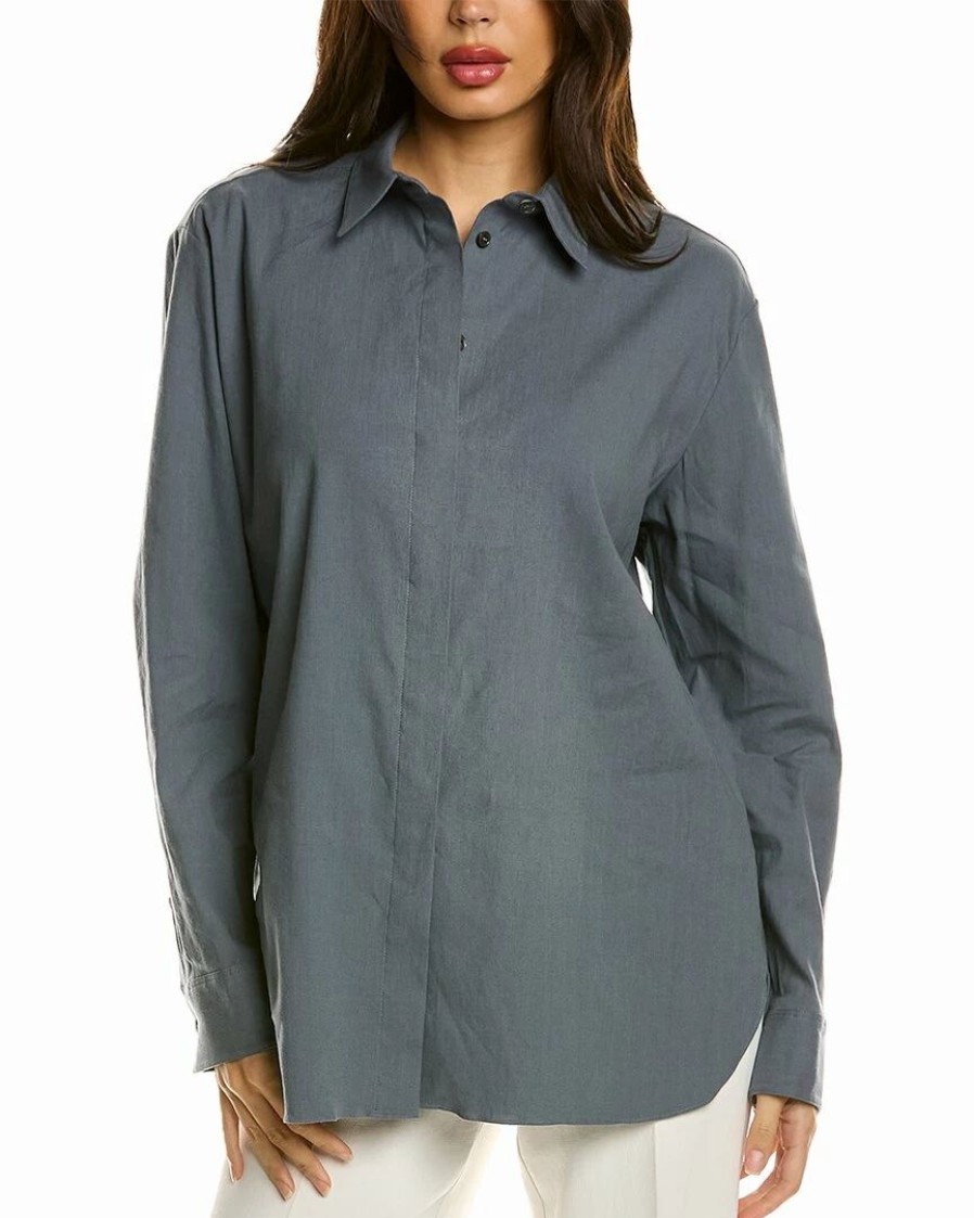 Tops * | Theory Classic Menswear Linen-Blend Shirt Women Tops